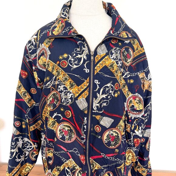 90's Silk Zip Up Golf Jacket - Windbreaker - Lightweight - Navy & Gold -Sz Small - Picture 2 of 11